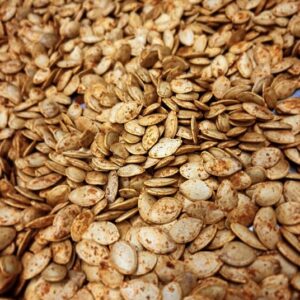 Close-up of roasted pumpkin seeds.