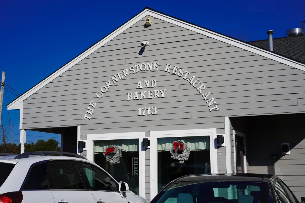 Cornerstone Restaurant and Bakery facade with wreaths